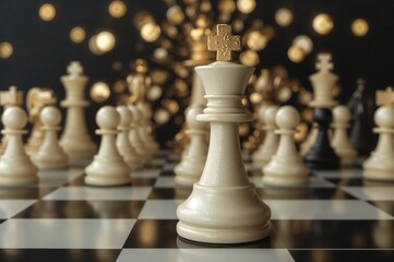 A thrilling chess match where a simple pawn aspires to become a powerful queen, set against a backdrop of corporate triumph and a golden 3D theme.