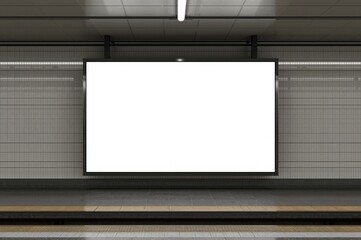 Dual-sided lightbox display for indoor and outdoor urban retail spaces. Empty billboard mockup in an underground transit area, interior setting. Vertical advertising lightbox in a metro or airport