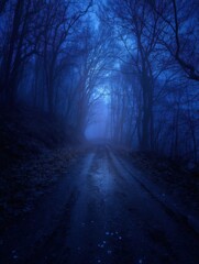 Obraz premium Eerie foggy forest road with bare trees in blue tones atmospheric moody landscape photography