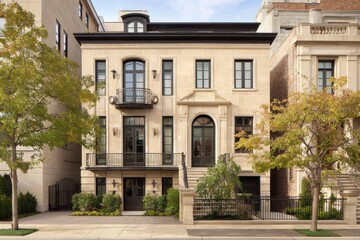 Fototapeta premium Elegant modern home with classic architecture in a serene urban neighborhood showcasing well-maintained landscaping and stylish exterior design during daytime hours