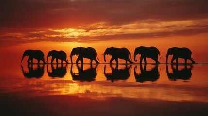 Silhouetted elephants sunset reflection