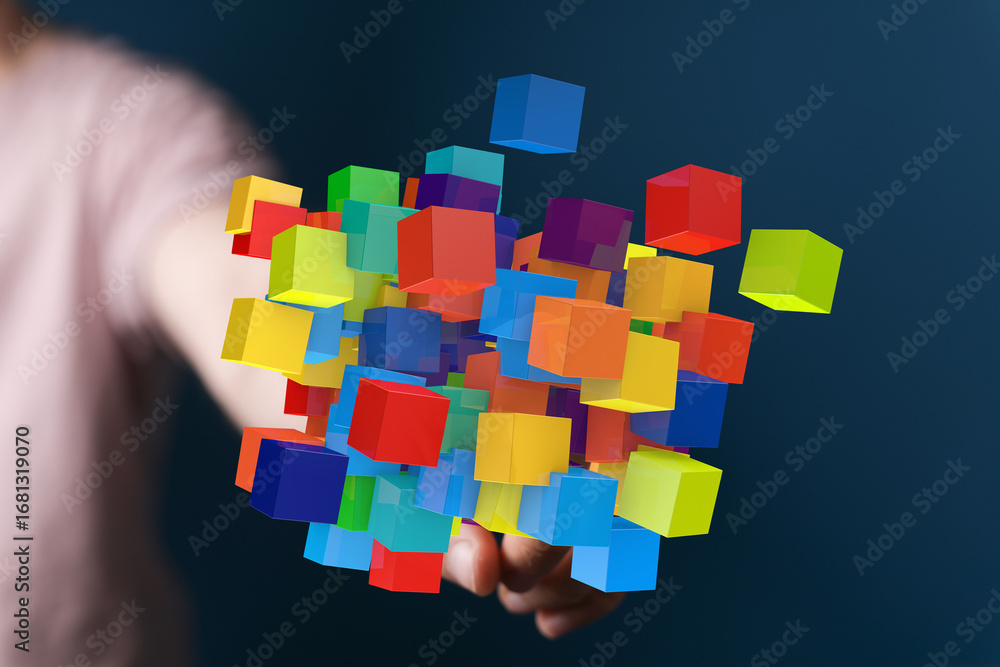 Poster abstract image of colorful 3d cubes floating, representing innovation, technology, or data.