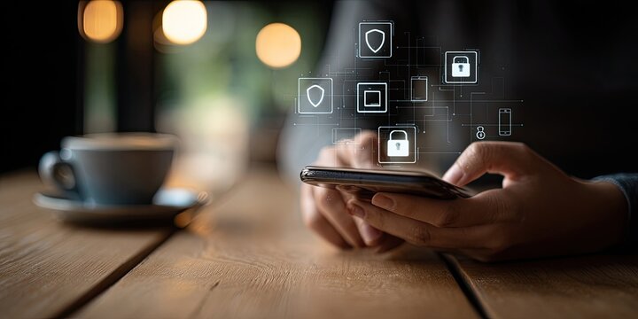 Close-up of hands holding a smartphone displaying security icons overlaid on a blurred cafe setting with a cup of coffee