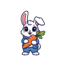 Cute cartoon rabbit holding orange carrot funny vector illustration