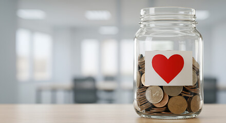 Glass jar filled with coins, labeled with a red heart, sits on a table in an office setting.