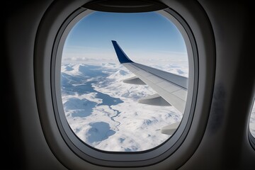 View of Snowy Mountain Landscape Through Airplane Window in Flight

