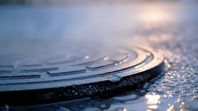 Captured in the early morning, steam dramatically rises from a metal manhole cover on a wet urban street. The manhole glistens, reflecting the soft light.