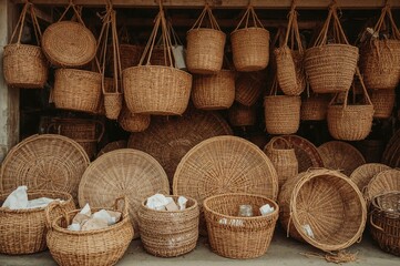 Artisan Wicker Containers arranged outside, suspended and resting on earth, highlighting classic Handmade Skills and Organic Elements in a Countryside Scene. Empty Area