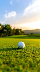 Golf ball on a green course at sunset