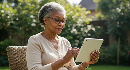 elderly woman using tablet in sunny garden enjoying digital experience with nature and technology