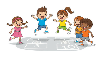Joyful Hopscotch: A cheerful illustration captures the pure delight of childhood, as a group of diverse children play a spirited game of hopscotch together, embracing the fun of outdoor activity.