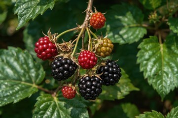 Wild forest dewberries. Clusters of mature berries thriving in natural surroundings, fresh dewberries on a shrub. Summer-harvested nutritious berries in the open air, close-up