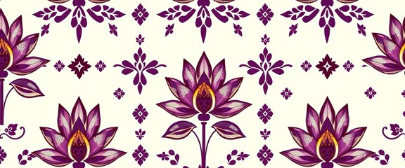 Vintage purple lotus floral ikat embroidery wallpaper, seamless Aztec-inspired pattern on white background, boho, background