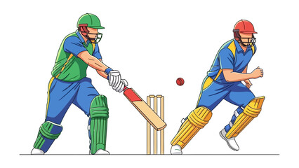 Cricket Match: A dynamic illustration shows a batsman poised to strike, while the runner sprints forward. The scene encapsulates the energy and precision of the sport.