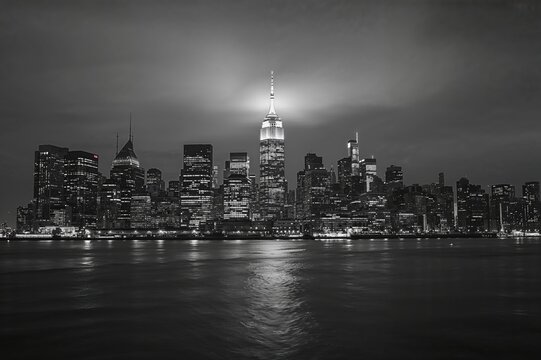 Fototapeta Nighttime city skyline in black and white with shimmering reflections