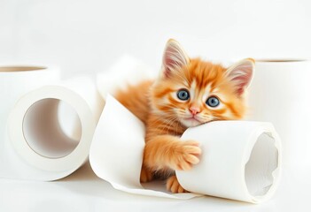 A fluffy orange kitten, eyes wide, playfully entangled in pristine white toilet paper rolls on a clean, minimalist background,  roll,  studio shot