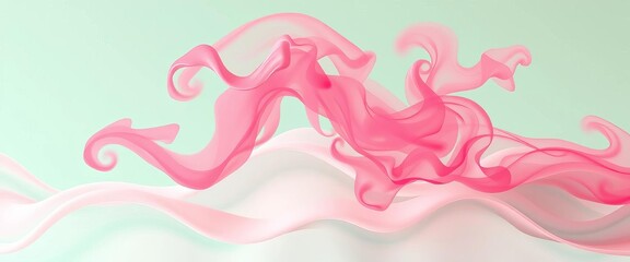 Abstract pink, red smoke swirls over pastel green wave background; elegant, smooth curves ,  backdrop,  light