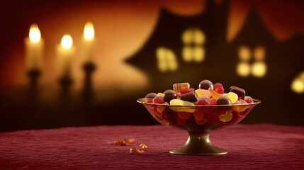 Nostalgic candy display with gummy treats on crimson tablecloth, evoking festive yet haunted holiday charm.