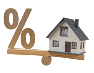 House Model on Wooden Seesaw Balancing Dollar and Percentage Icons, Isolated on White PNG