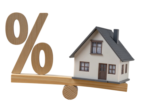 House Model on Wooden Seesaw Balancing Dollar and Percentage Icons, Isolated on White PNG