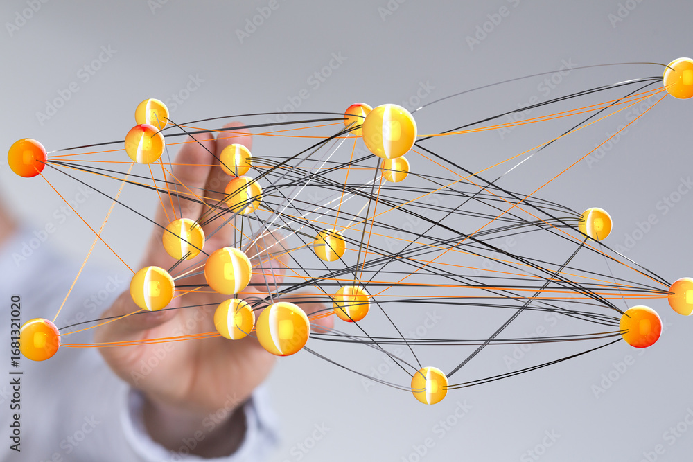 Poster Abstract image depicting a complex network with interconnected nodes. Ideal for technology, data science, and connectivity concepts.