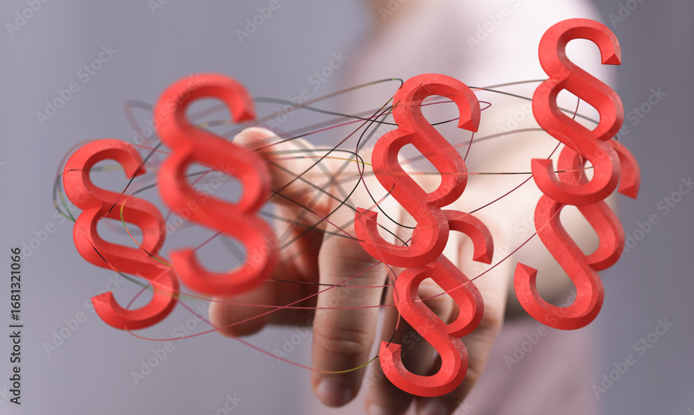 Poster abstract image of red paragraph symbols connected by lines, representing legal concepts and intercon