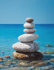 Stacked stones on beach, tranquil seascape