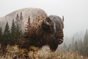 Fog-enshrouded pine woods merged with wild bison silhouette in a double exposure effect