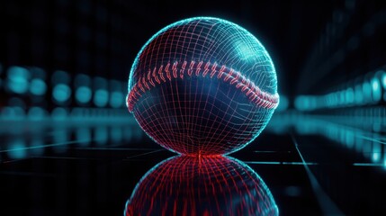 Futuristic baseball with glowing wireframe design on a reflective surface