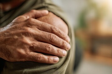 Fototapeta premium Close-up of a person holding their painful shoulder