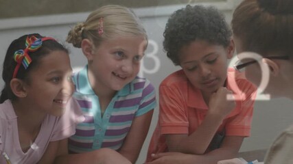 Animation of math symbols over happy diverse pupils learning - Powered by Adobe