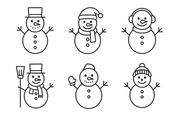 Collection of six festive snowman drawings with various hats and accessories