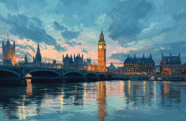 Naklejka premium London cityscape at twilight, reflecting in the river