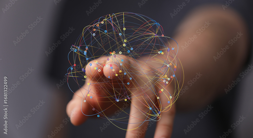 Poster abstract image of a hand interacting with a digital network, representing global connectivity and da