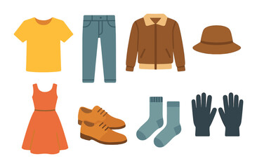 Colorful clothing set: jacket, dress, hat, shirt, pants, shoes, socks, gloves