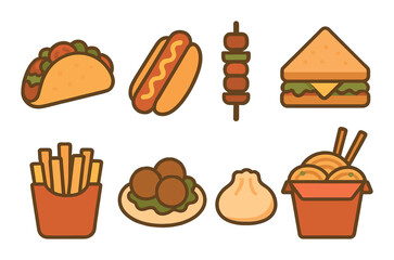Colorful icons of popular street foods including tacos, hot dog, kebab, and more