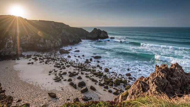 Coastal rocks by the ocean with sunlit waves and beach views
