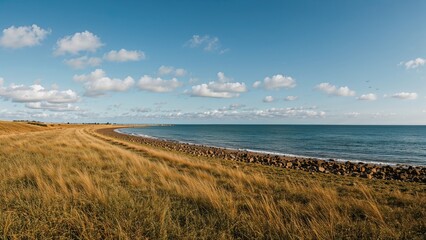 Panoramic shot of a shoreline with lush fields and a sky painted deep blue with clouds
