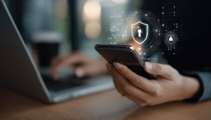 Close-up of hands using a phone, laptop, and security icons overlay