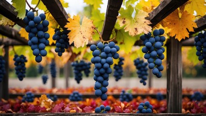 Wild grape clusters hanging from a pergola structure