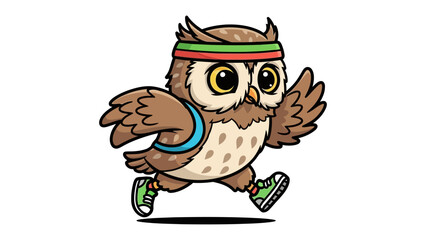 Owl Athlete's Sprint: A spirited illustration of an owl sprinting with athletic prowess, donning a headband, and sneakers, exuding energy and determination.