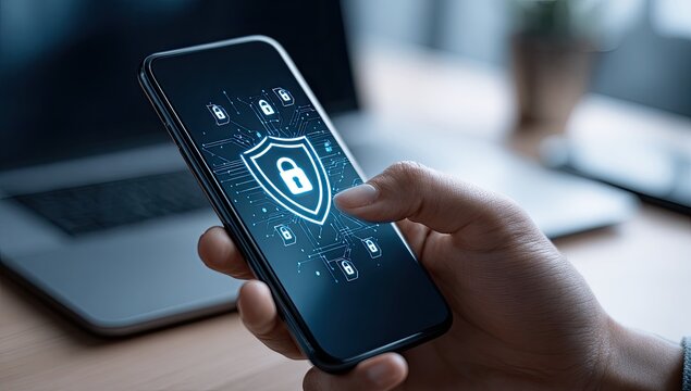 Hand holding smartphone with security shield overlay - Powered by Adobe