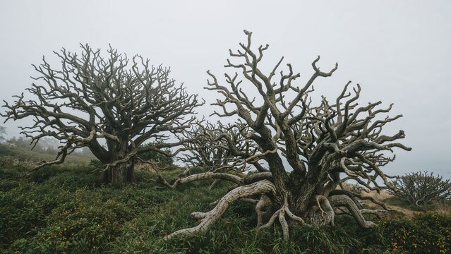Sculpted macrocarpa trees on a windy coastal slope