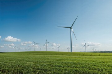 Energy-producing windmills on a rural landscape with clear skies and vibrant greenery