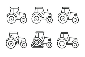 Set of six minimalist tractor icons in black and white line art style