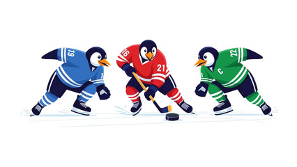 Puck Battle: A vivid illustration captures the thrill of the game with three energetic penguins, each poised with hockey sticks, ready to battle for the puck.