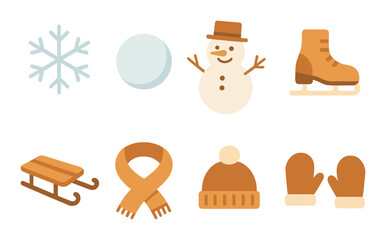 Winter icons: snowman, snowflake, skates, sled, scarf, hat, mittens