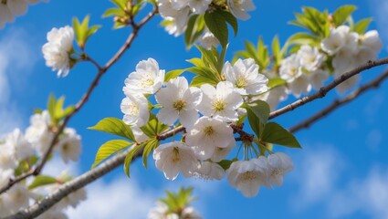 Fototapeta premium Wild Himalayan Cherry in Full Blossom Against a Bright Blue Sky
