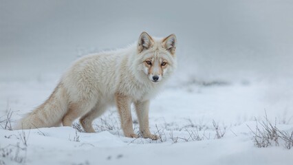 Naklejka premium Winter tundra featuring a white fox in the wild