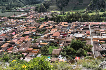 Scenic view of the Ollantaytambo Archaeological Site, a major Inca ruin and popular tourist attraction in the Sacred Valley